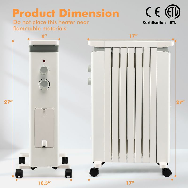 Costway 1500W Oil Filled Radiator Heater Electric Space Heater w/ Humidifier White\Black, 4 of 11