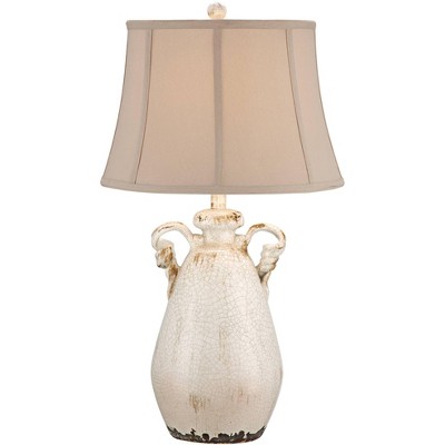 Regency Hill Rustic Country Cottage Table Lamp with Table Top Dimmer Ivory Ceramic Urn Beige Shade for Living Room Bedroom House