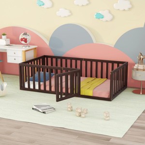 Streamdale Twin Size Wood Floor Bed Frame with Fence and Door, Walnut - 1 of 4