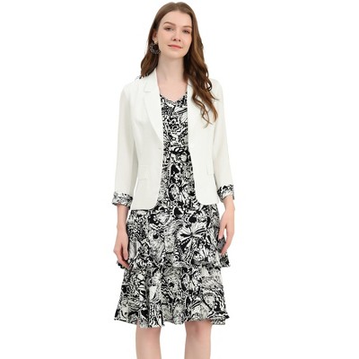 Allegra K Women's Chiffon V Neck Contrast Panel Work Jacket Dress Suit Set 2 Pcs