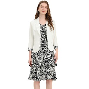 Allegra K Women's Chiffon V Neck Contrast Panel Work Jacket Dress Suit Set 2 Pcs - 1 of 4
