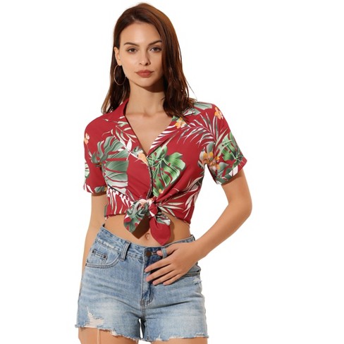 Allegra K Women's Hawaiian Floral Leaves Printed Short Sleeve Button ...