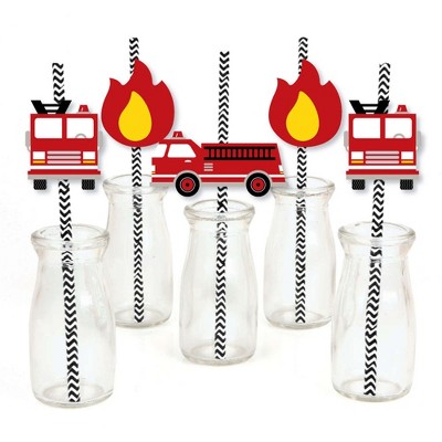 Big Dot of Happiness Fired Up Fire Truck - Paper Straw Decor - Firefighter Baby Shower or Birthday Party Striped Decorative Straws - Set of 24