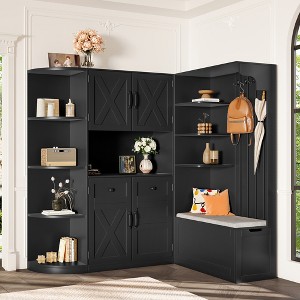 KTMBDW Hall Tree with Bench and Shoe Storage, Storage Cabinet with Open Shelves, Shoe Cubbies & 4 Coat Hooks, Barn Door - 1 of 4