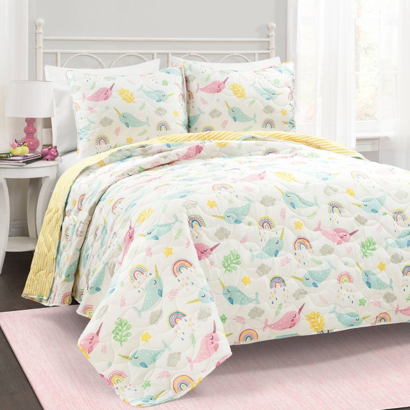 Kids' Magical Narwhal Reversible Oversized Quilt Set White - Lush Décor, 1 of 11