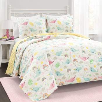 Kids' Magical Narwhal Reversible Oversized Quilt Set White - Lush Décor