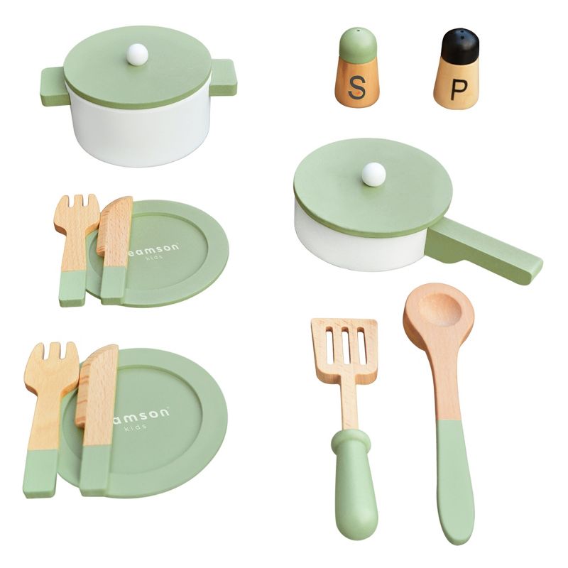Teamson Kids Wooden Cookware play kitchen Toy accessories Green 14 pcs TK-W00009, 1 of 13