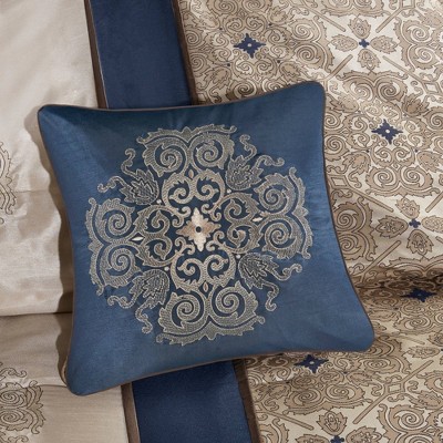 Navy and Taupe Jacquard Queen Comforter Set with Decorative Pillows