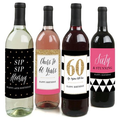 Big Dot of Happiness Chic 60th Birthday - Pink, Black and Gold - Birthday Gift For Women - Wine Bottle Label Stickers - Set of 4