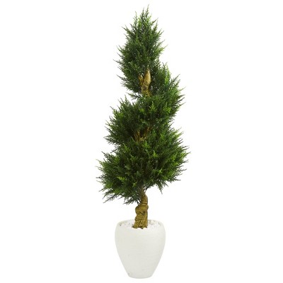 5ft Cypress Spiral Artificial Tree In White Oval Planter - Nearly Natural