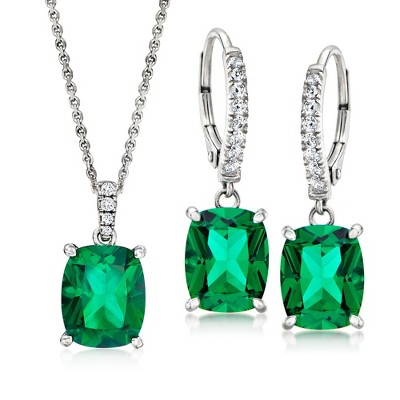 Ross-Simons 13.00 ct. t.w. Simulated Emerald and .20 ct. t.w. CZ Jewelry Set: Drop Earrings and Pendant Necklace in Sterling Silver Size 18