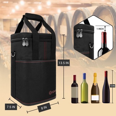 Black Insulated 4-Bottle Wine Tote Carrier with Shoulder Strap