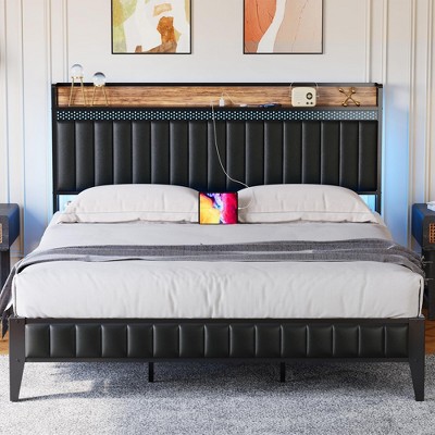 Full Bed Frame with Charging Station, LED Bed Frame with Storage Headboard, Upholstered Platform Bed Frame