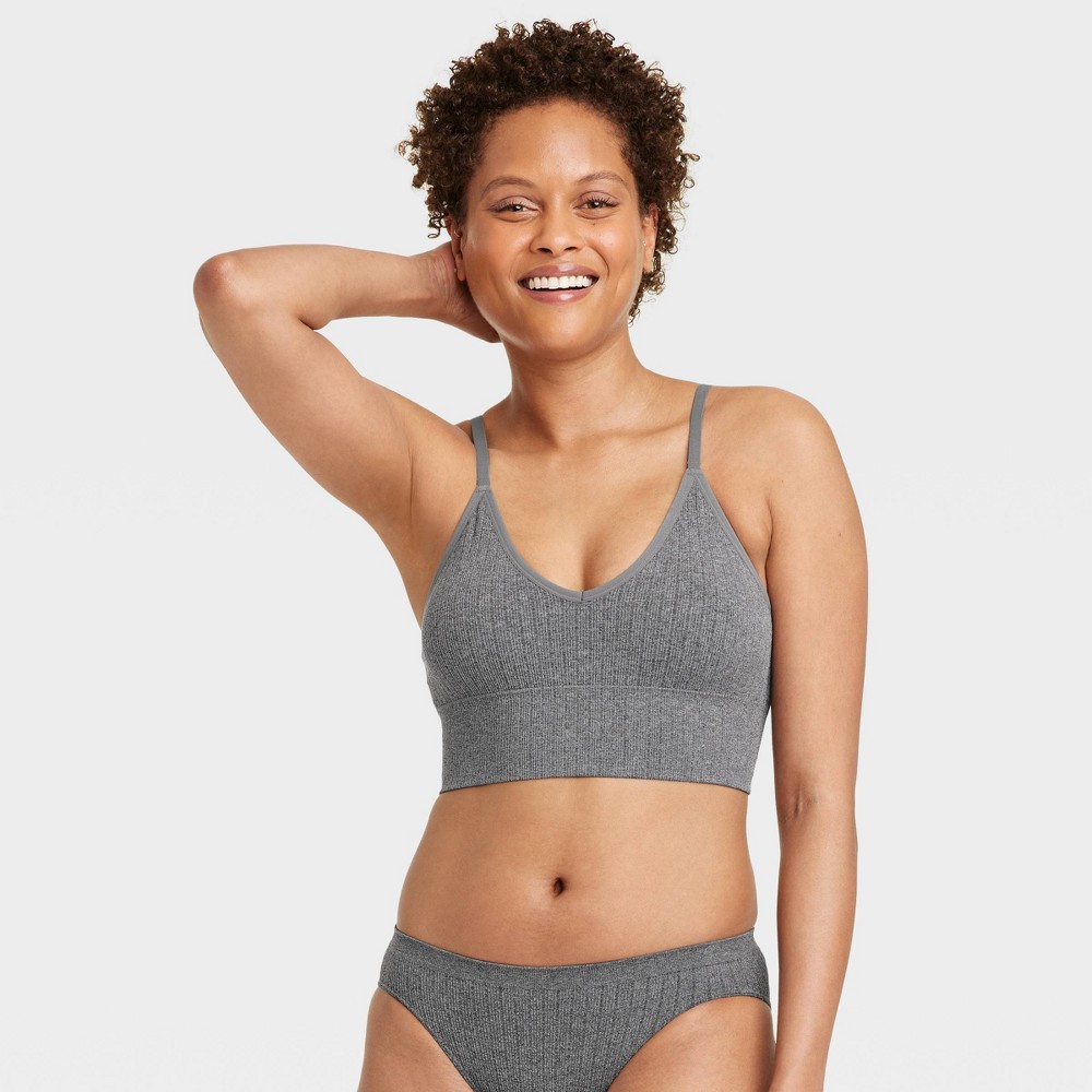 Women's Ribbed Seamless Longline Bralette - Auden™ Heathered Gray L: Nylon Spandex Knit, Removable Cup