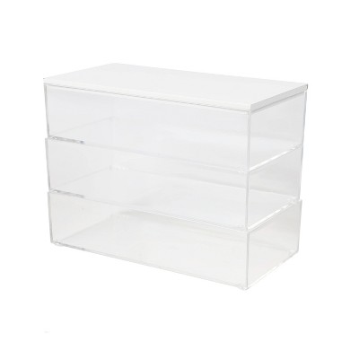 Clear Stackable Plastic Organizer Bins with White Lid, 3 Pack