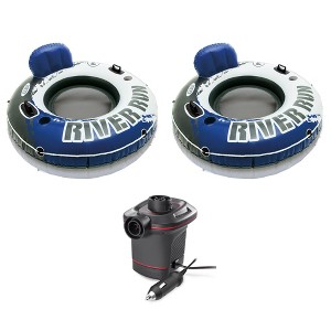 Intex River Run Inflatable Floating Tube Water Raft for Lake River Pool (2 Pack) and 12V Quick-Fill DC Car Electric 23 CFM Inflatable Float Air Pump - 1 of 4