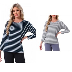 INSPIRE CHIC Women's 2 Pcs Cotton Contrast Stripe Pullover Top Long-Sleeve Lounge Pajama Blouse - 1 of 4