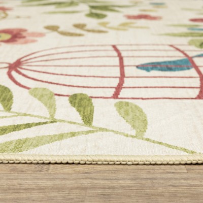 Beige and Multicolor Tropical Birds Washable Synthetic Area Rug