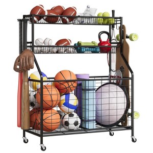Sports Equipment Garage Organizer, Sports & Toy Storage Organizer for Garage, Outdoor Ball Storage with Baskets, Hooks & Rolling Cart, Ball Rack - 1 of 4