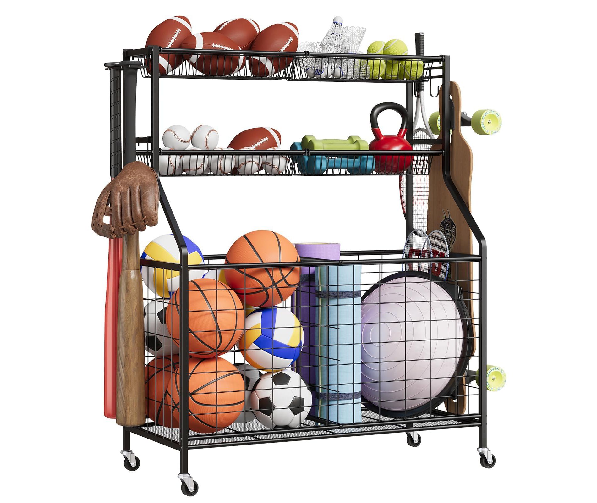 Sports Equipment Garage Organizer, Sports & Toy Storage Organizer for Garage, Outdoor Ball Storage with Baskets, Hooks & Rolling Cart, Ball Rack