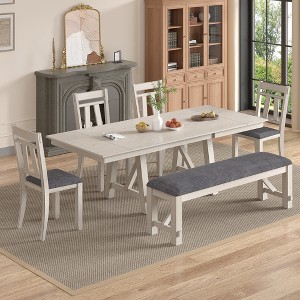 VECELO Rustic 6-Piece Extendable Dining Table Set, Rubber Wood Table with 4 Armless Upholstered Dining Chairs and Bench for Kitchen, Gray - 1 of 4