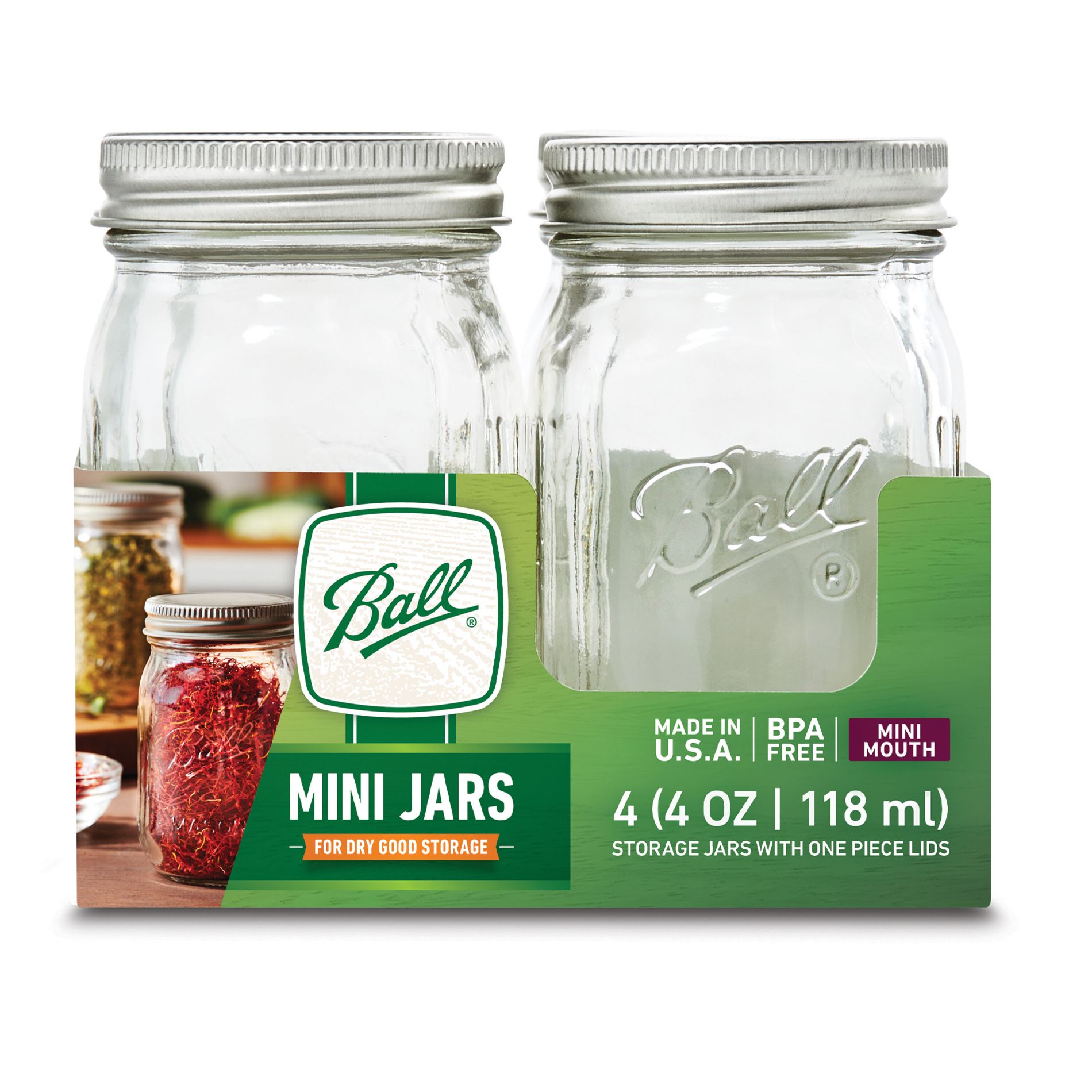 Ball 4oz 4pk Glass Mini Mason Jar with Lid: Spice Storage, Clear Food Container Set, Dishwasher-Safe, Metal Lid