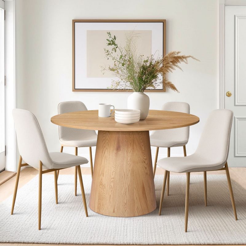 Round Oak Dining Table With 4 Chairs,Upholstered Armless Dining Chairs with Manufactured wood Grain Top Modern Round Dining Table Set-Maison Boucle‎, 2 of 9