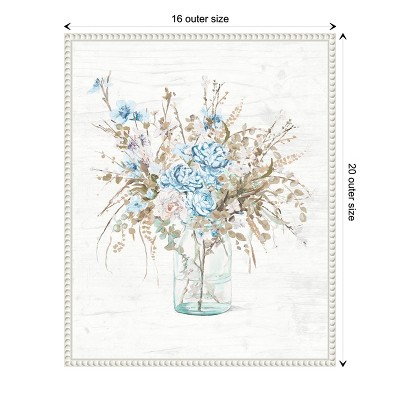 Blue Flowers in Glass Vase with White Beaded Frame Canvas Wall Art
