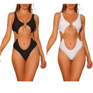 INSPIRE CHIC Women's Gold Chain V Neck Cut Out Solid Color Monokini Swimwear Bathing Suit 2 Set - 1 of 4