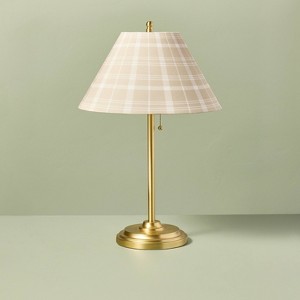 23 Brass Accent Table Lamp with Classic Plaid Shade Cream Tan Hearth Hand with Magnolia