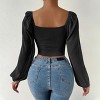 Sweetheart Neckline Crop Tops with Mesh Peasant Sleeve Adjustable Tie Ruched Bust Crop Tops Ribbed Tops with Bishop Sleeve - 2 of 4