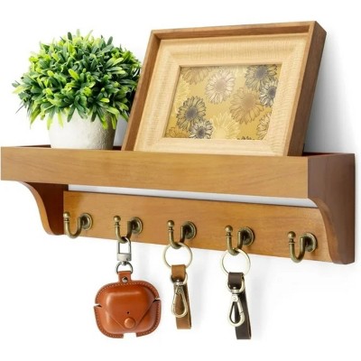 LunaLulinlk Decorative Key Holder Wall Mount with Shelf - Key Holder for Wall with 5 Sturdy Hooks for Home Decor (Light Brown, 14inch)