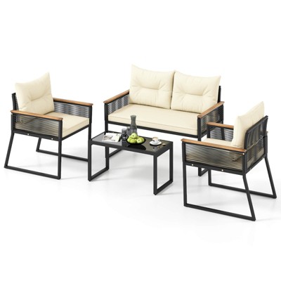 Tangkula Set Of 4 Patio Wicker Furniture Set Heavy Duty Outdoor Cushioned Conversation Set with Tempered Glass Coffee Table Off White
