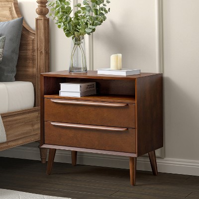 Walnut Mid-Century Modern 2-Drawer Nightstand with Open Shelf