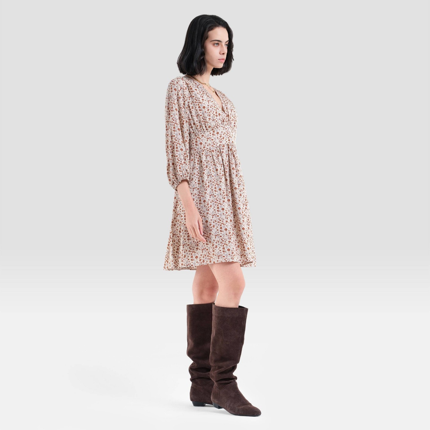 Женское платье Universal Thread Bishop 3/4 Sleeve Mini Babydoll, цвет: Бежевый — фото 4