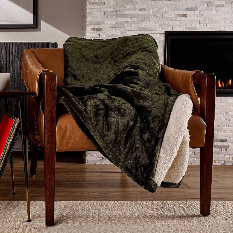 Sunbeam 50&#34; x 60&#34; Quilted Nordic Velvet Reverse Shearling Heated Throw Electric Blanket Olive, 2 of 9