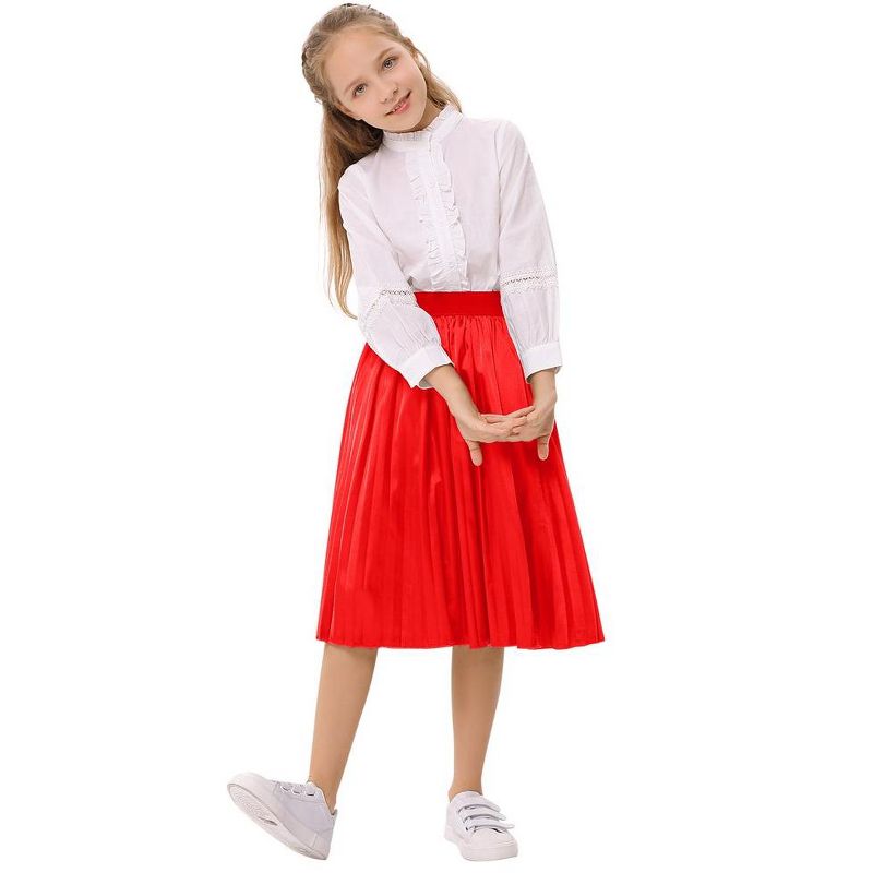 Kids Solid Pleated Skirt Below the Knee Girls Satin Skirts, 1 of 7
