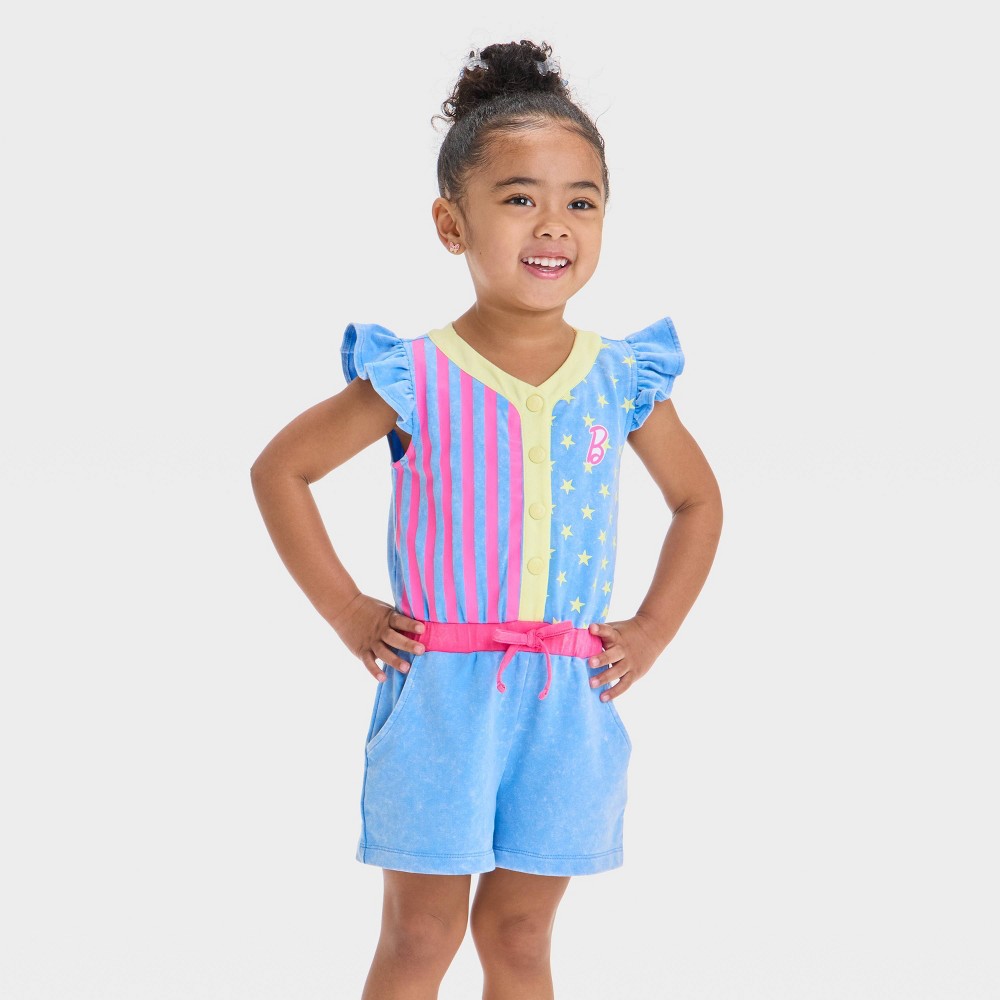 Toddler Girls' Mattel Barbie Dream Closet 1990 Inspired Denim Romper - Blue 4T