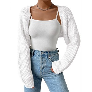 Women's Long Sleeve Open Front Knitted Crop Sweater Cardigan Drop Shoulder Knit Bolero Shrug - 1 of 4