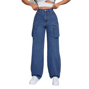 Women's High Waisted Cargo Jeans Wide Leg Denim Pants with Utility Pockets - 1 of 4