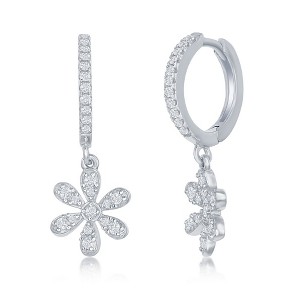 Bella Silver Sterling Silver Small Huggie Hoop CZ Flower Earrings - Silver - 1 of 2