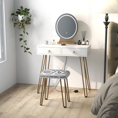 Vanity Desk with Lighted Mirror, Vanity Set with Soft Cushioned Stool, Make Up Table with Touch Control Light, 3 Color Lighting