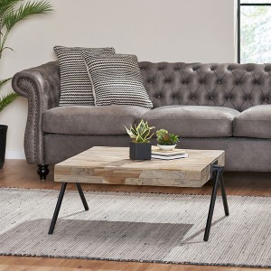 Mango Wood and Iron Modern Industrial Coffee Table with V-Shaped Legs and Handcrafted Design for Living Room Decor - 1 of 4