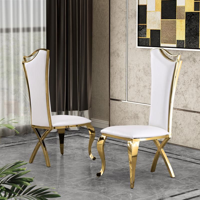 Elegant Side Chairs in White Faux Leather and Gold Stainless Steel (Set of 2), 2 of 3