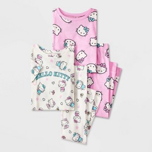 Toddler Girls' 4pc Cotton Snug Fit Hello Kitty Pajama Set - Off-White - 1 of 4