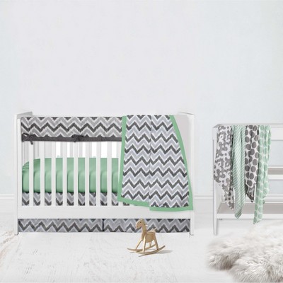 Bacati - Ikat Dots Stripes Mint Grey Muslin Neutral 8 pc Crib Set with Crib Rail Guard