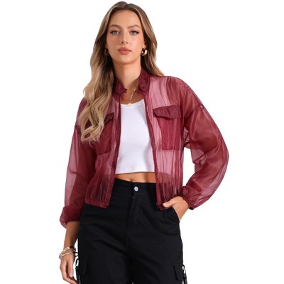 INSPIRE CHIC Women's Zip-Up Long Sleeve See-Through Bomber Jacket