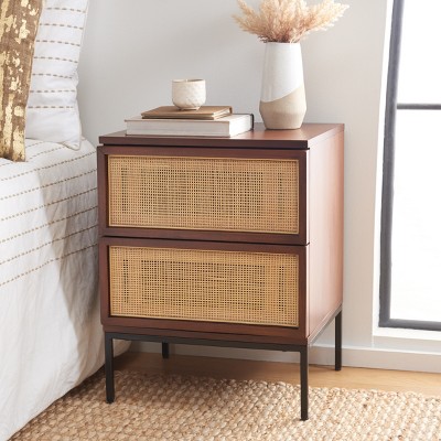 Walnut and Natural Rattan 2-Drawer Nightstand