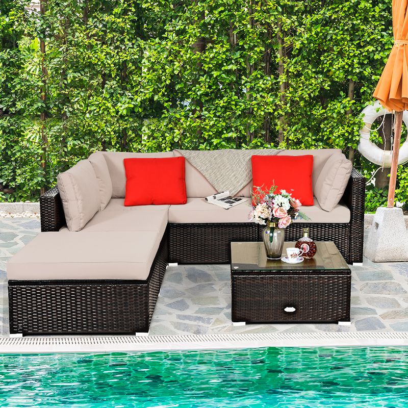 Costway 6PCS Outdoor Patio Rattan Furniture Set Cushioned Sectional Sofa Table Ottoman, 5 of 11