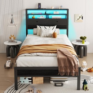 Twin Bed Frames with Charging Station and LED Lights Wood Headboard with 2 Fabric Drawers and Storage Shelves Platform Bed with Metal Slats - 1 of 4